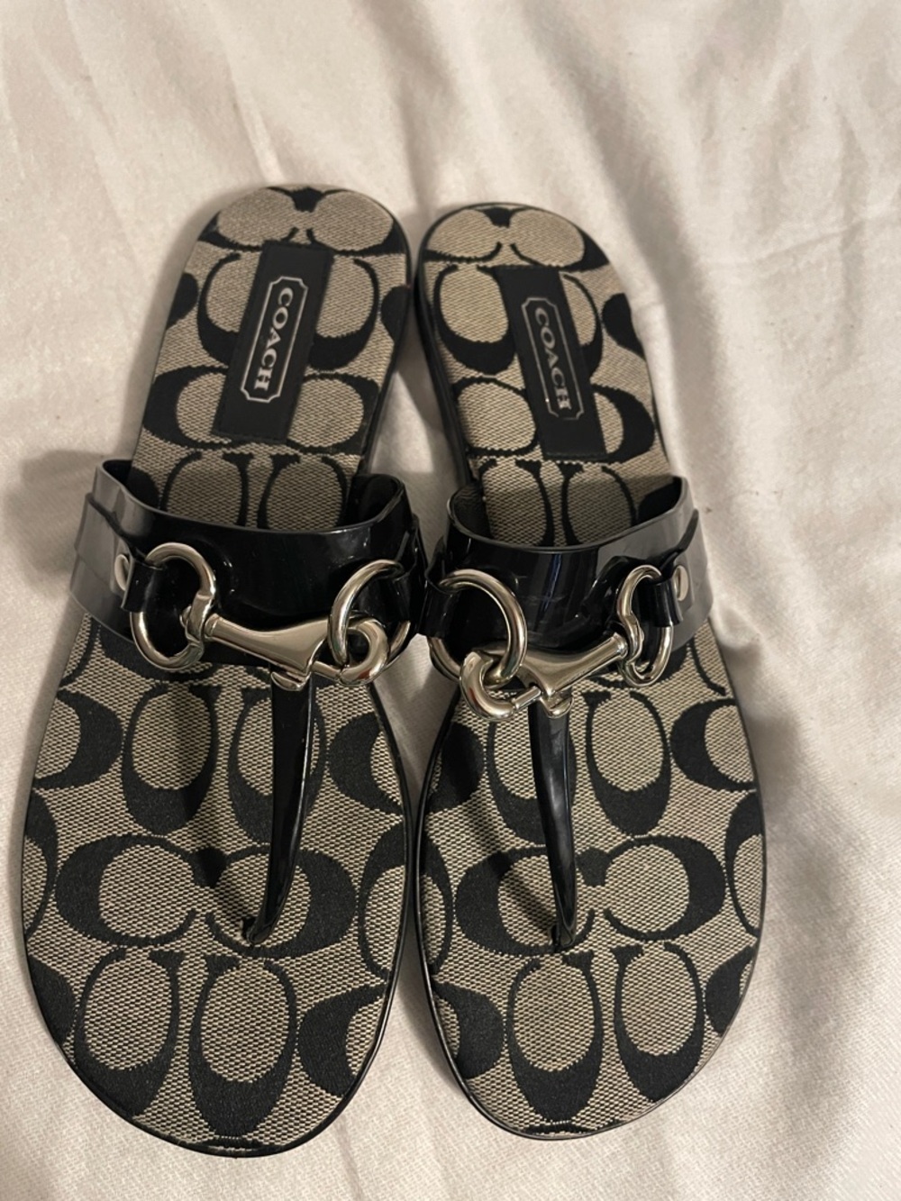 Coach Black Patent Logo Thong Sandals